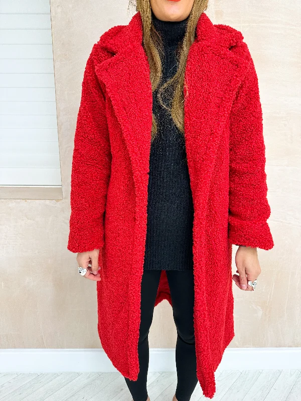 Fluffy Midi Length Teddy Coat In Red