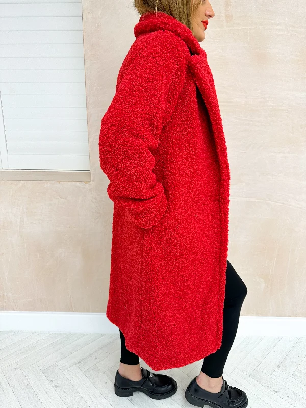 Fluffy Midi Length Teddy Coat In Red