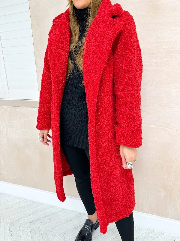 Fluffy Midi Length Teddy Coat In Red