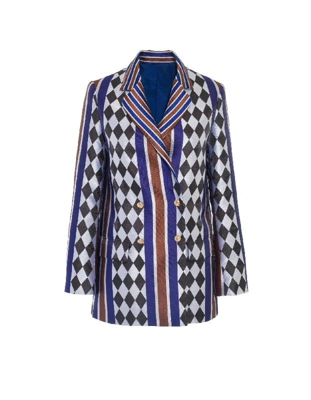 Freya Blue Checkmate Print Silk Jacquard Jacket