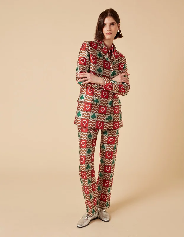 Freya Red Patchwork Print Silk Jacquard Jacket