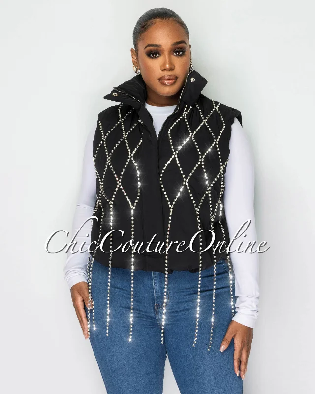 Hadkins Black Rhinestones Fringe Bomber Vest