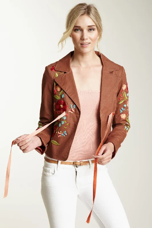 Hand Embroidered Brushed Twill Tie Jacket - Nutmeg