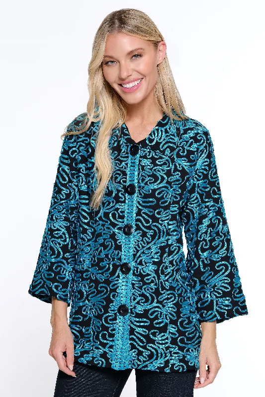 Knit Mesh Button Front Jacket - Turquoise