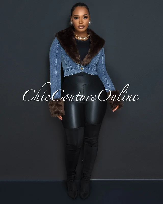 Leroy Dark Denim Brown Faux Fur Crop Jacket