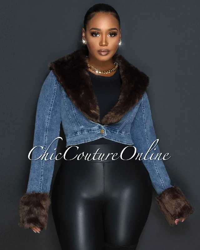 Leroy Dark Denim Brown Faux Fur Crop Jacket