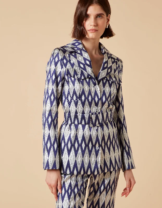 Lucille Blue Mirror Print Silk Jacquard Jacket