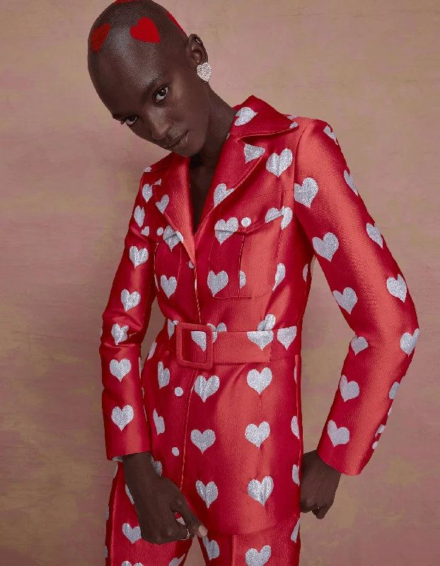 Lucille Red Heart Print Silk Jacquard Jacket