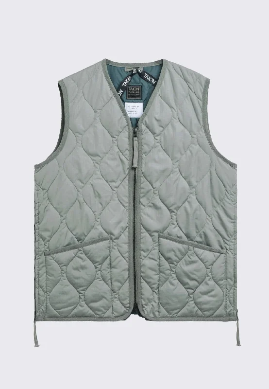 Military Zip V Neck Down Vest - Dark Sage Green