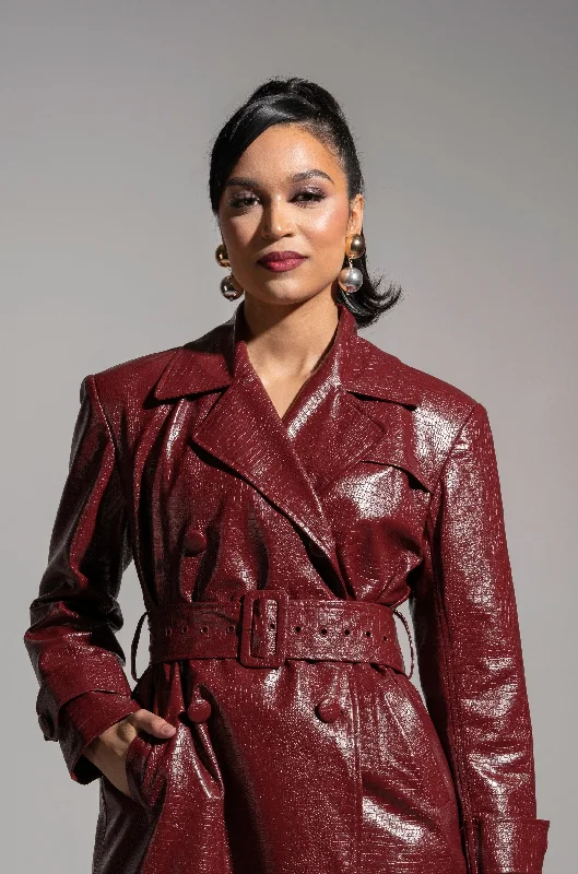 ONO Faux Leather Trench jacket in Burgundy