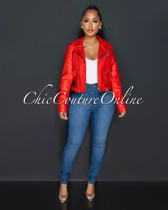 Payami Red Vegan Leather Zippered Jacket