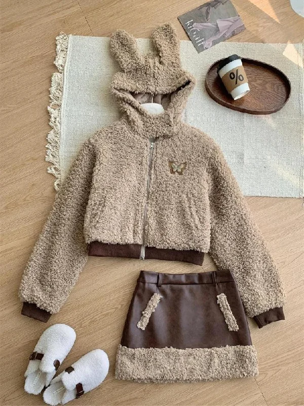 Brown / SET - Hoodie & Mini Skirt / S