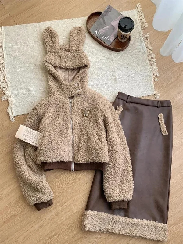 Brown / SET - Hoodie & Midi Skirt / S