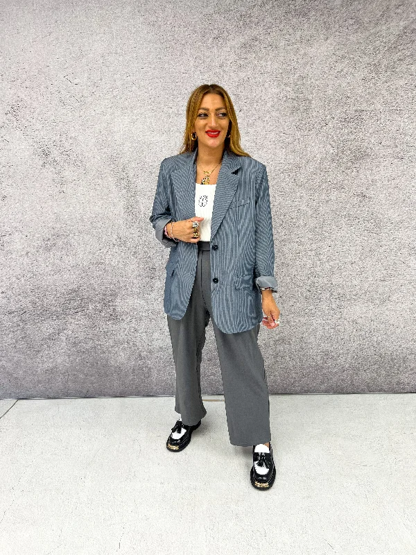 Relaxed Fit Pinstripe Blazer In Grey