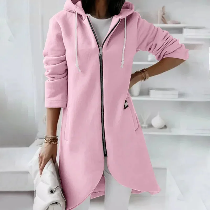 Ladies Solid Color Curved Hem Zip Up Hoodie