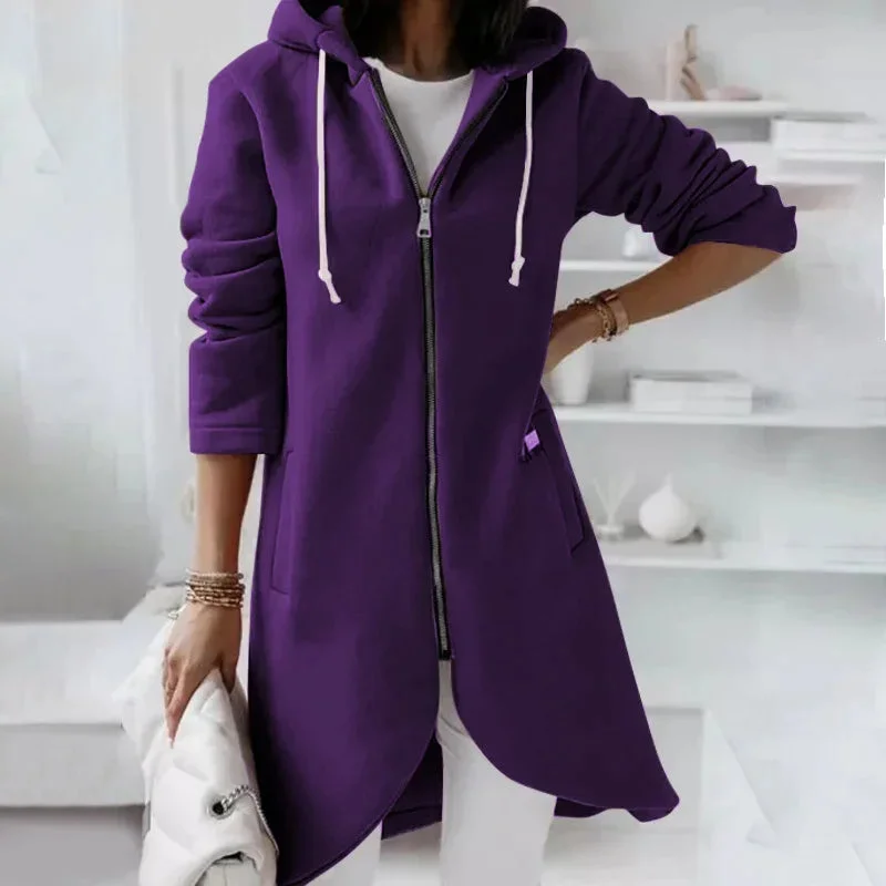 Ladies Solid Color Curved Hem Zip Up Hoodie