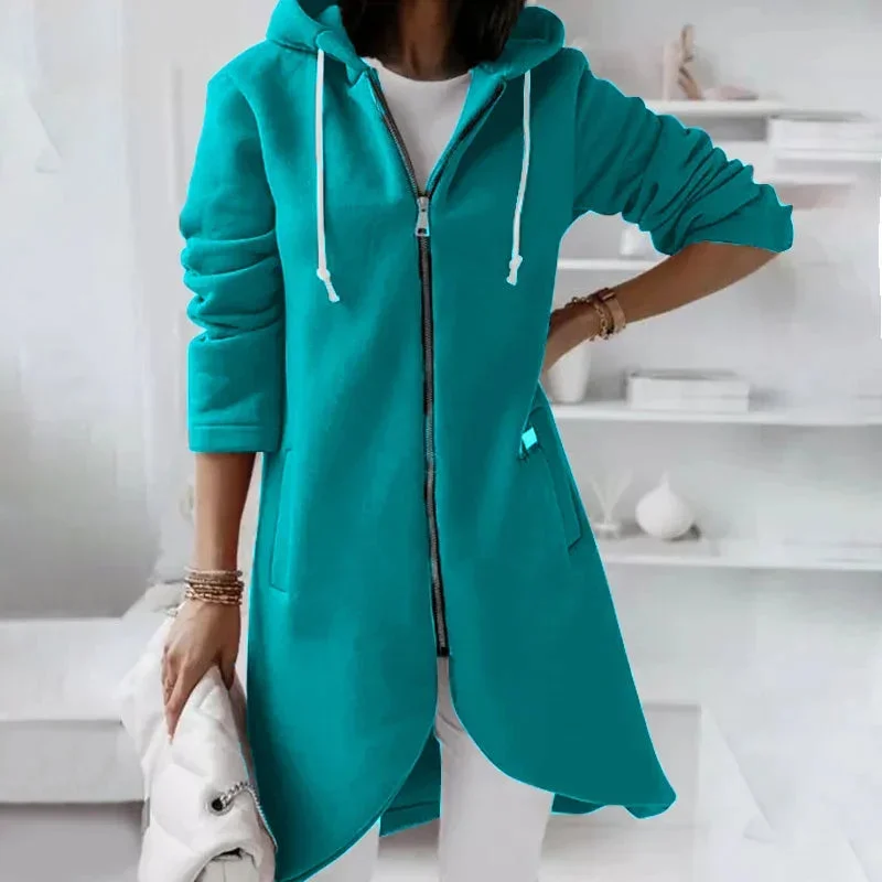 Ladies Solid Color Curved Hem Zip Up Hoodie