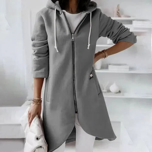 Ladies Solid Color Curved Hem Zip Up Hoodie