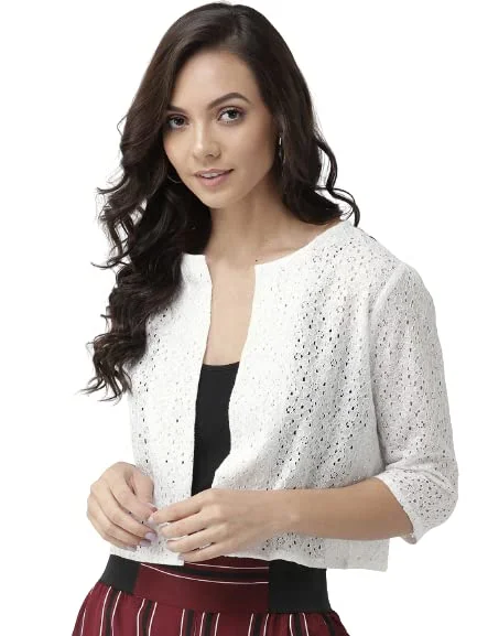 Style Quotient Women Off White Self Design Floral lace Regular Open Front Shrug