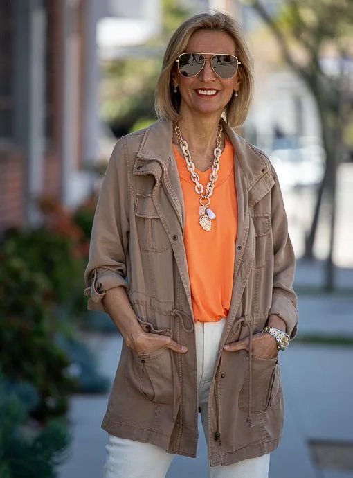 Taupe Cargo Jacket With Drawstring Cord Belt