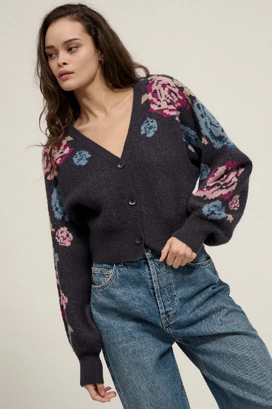 Winter Roses Floral Knit Cropped Cardigan Sweater