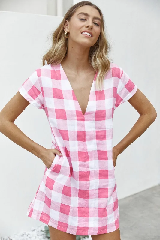 Jennie Dress - Pink Check Linen Minimalist unclassified dresses